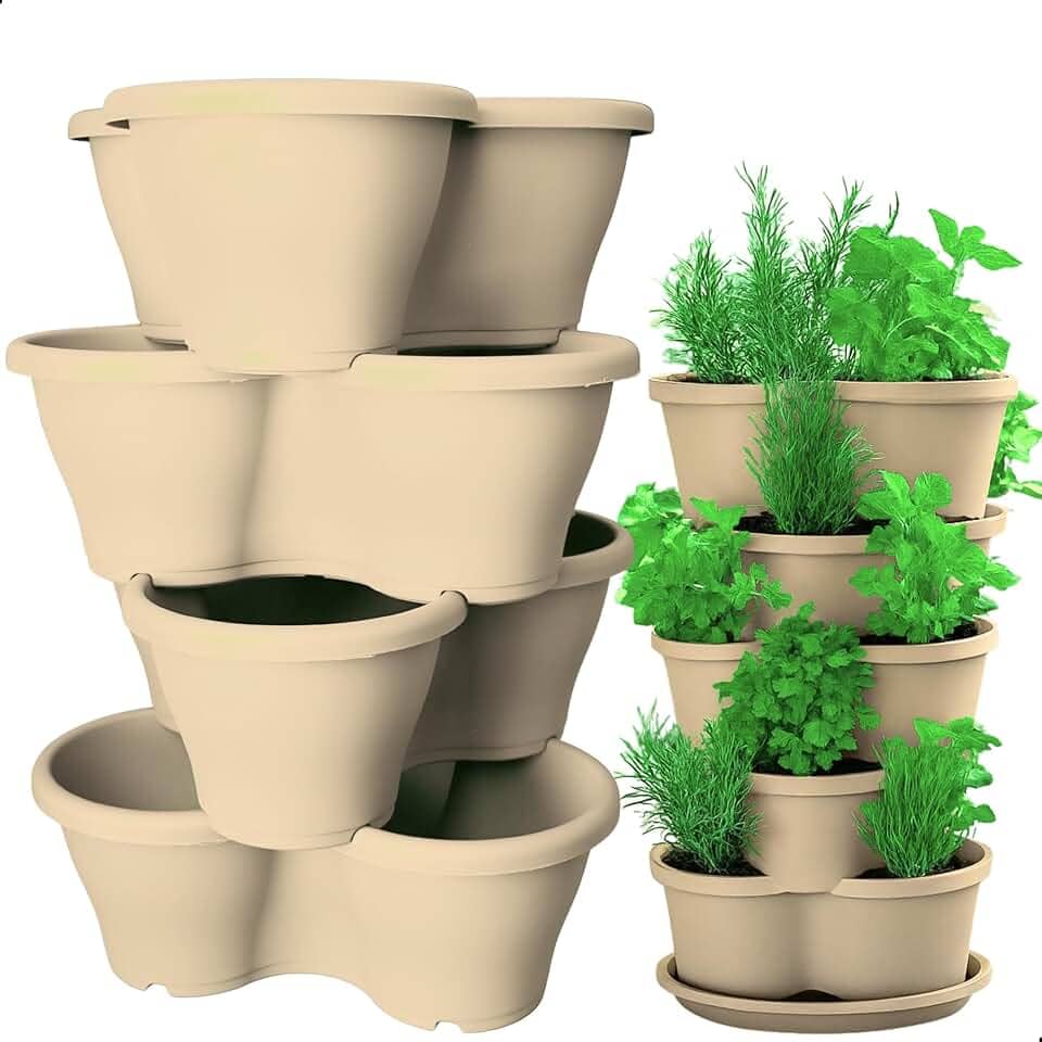Kit 4 Vaso Treviso Cinza Empilhável Jardim Vertical 11L Borda Anti Formiga para Plantas Ornamentais, Hortas, Frutas, Temperos, Suculentas e Flores