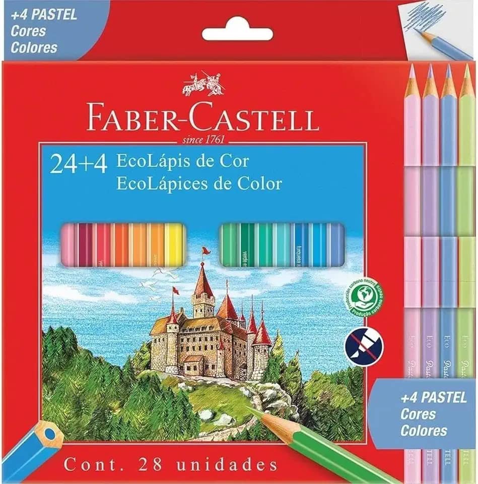 Ecolapis de cor, Faber-Castell, 120124+4P, Com + 4 pastel, estojo com 24 cores, Multicor