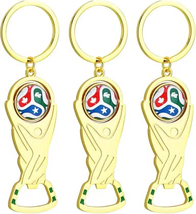 Conjunto de 3 chaves abridor de garrafa de cerveja troféu da Copa do Mundo 2026, bola de futebol rotativa 3D premium liga de zinco abridor de garrafa portátil para lata, refrigerante, ferramenta de