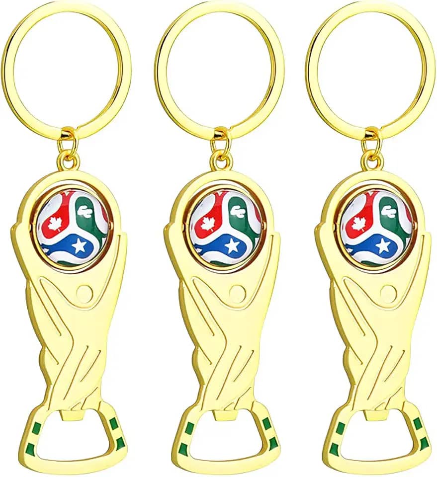 Conjunto de 3 chaves abridor de garrafa de cerveja troféu da Copa do Mundo 2026, bola de futebol rotativa 3D premium liga de zinco abridor de garrafa portátil para lata, refrigerante, ferramenta de