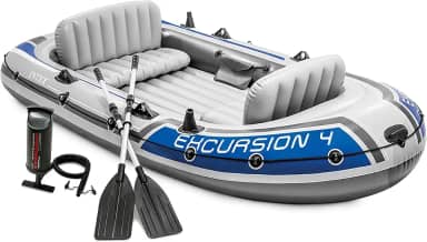 INTEX Conjunto de barcos infláveis 68324EP Excursion 4: Inclui remos de alumínio de luxo de 137 cm e bomba de alto rendimento – assentos ajustáveis com encosto – Suportes para vara de pesca – 4 pessoas – capacidade de peso de 500 libras