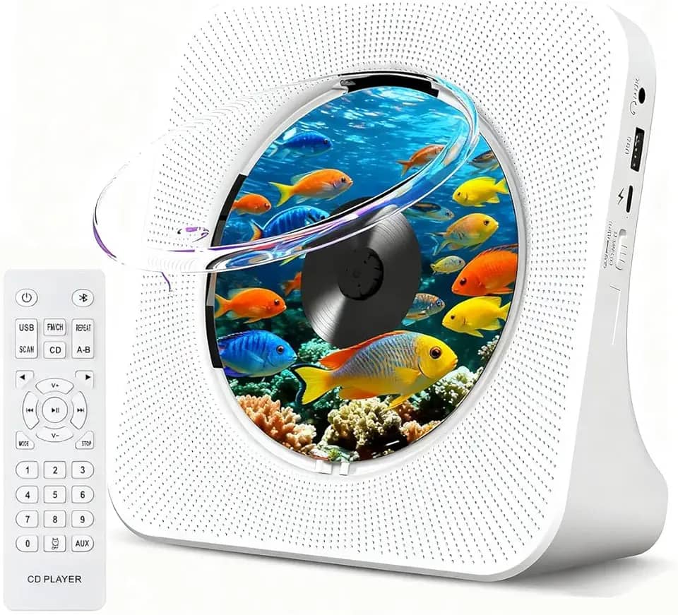 CD Player Portatil Bluetooth, Música Leitor de CD de HiFi, 110-220V Toca CD com Alto-Falantes Duplos Integrados, Display LED, Rádio FM, USB, AUX, Temporizador, Loop