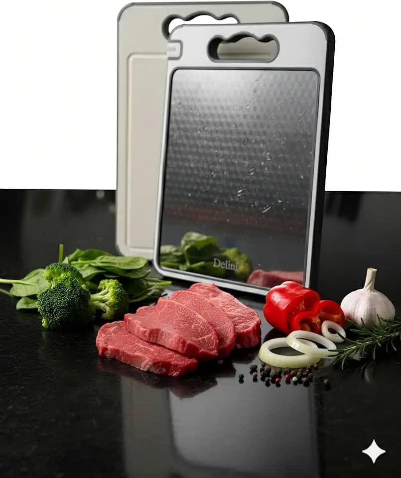 Tábua de Corte 5-em-1 Delini com Lado Aço Inox e Afiador integrado Dupla face
