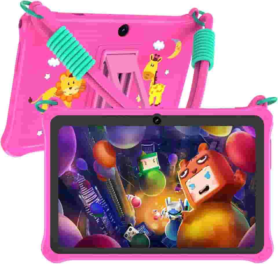 PRITOM Lanyard Kids Tablet de 7 polegadas, tablet infantil de 32 GB Android 13 com WiFi, câmera dupla, educação, jogos, software infantil pré-instalado, controle parental, rosa