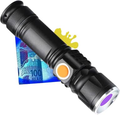 Lanterna de Luz Negra UV - LED Ultravioleta – Detecta Mofo, Urina de Pet Gatos Cachorros, Marca de Segurança em Cédulas, Tintas Invisíveis. Recarregável e Resistênte à Água