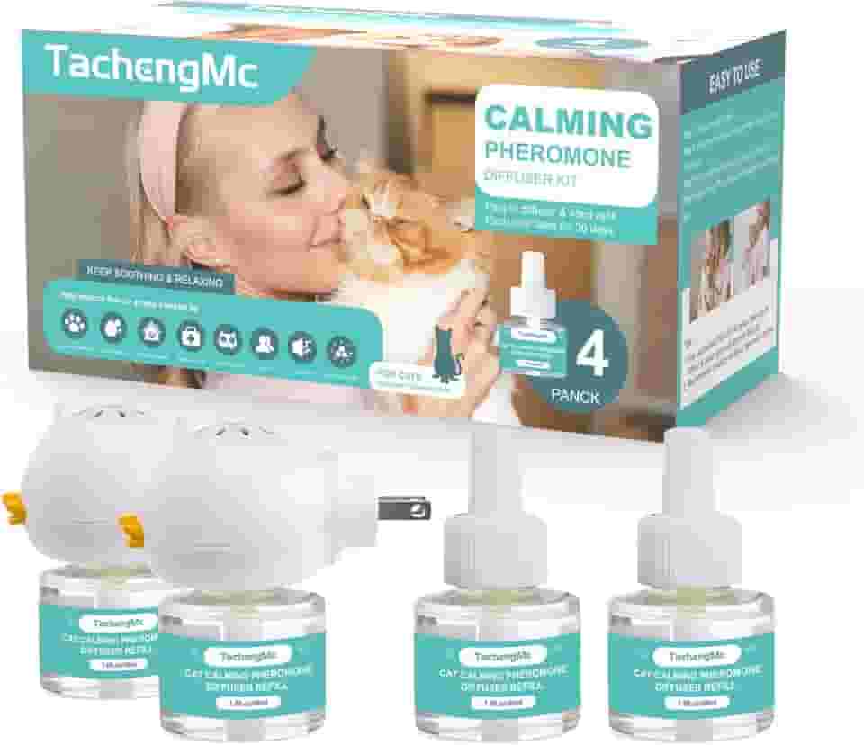 TachengMc Difusor calmante para gatos, difusor calmante de feromônios para gatos com 2 difusores + 4 recargas de 48 ml, kit de difusor de feromônios para alívio da ansiedade do gato 120 dias, difusor