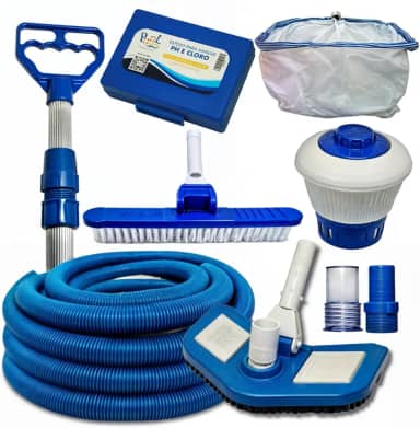 Kit Limpeza para Piscina, 6 Metros de Mangueira Flexível, Aspirador com 2 Ponteiras, Teste de PH e Cloro, Clorador Flutuante, Escova de Limpeza, Cabo de 2 Metros.