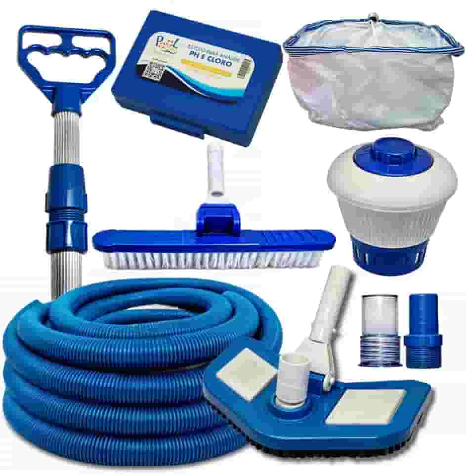 Kit Limpeza para Piscina, 6 Metros de Mangueira Flexível, Aspirador com 2 Ponteiras, Teste de PH e Cloro, Clorador Flutuante, Escova de Limpeza, Cabo de 2 Metros.
