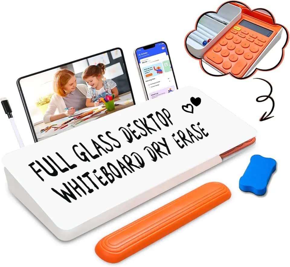 Quadro branco de mesa de vidro apagável a seco com calculadora, quadro de mesa com suporte de teclado para escritório ou escola