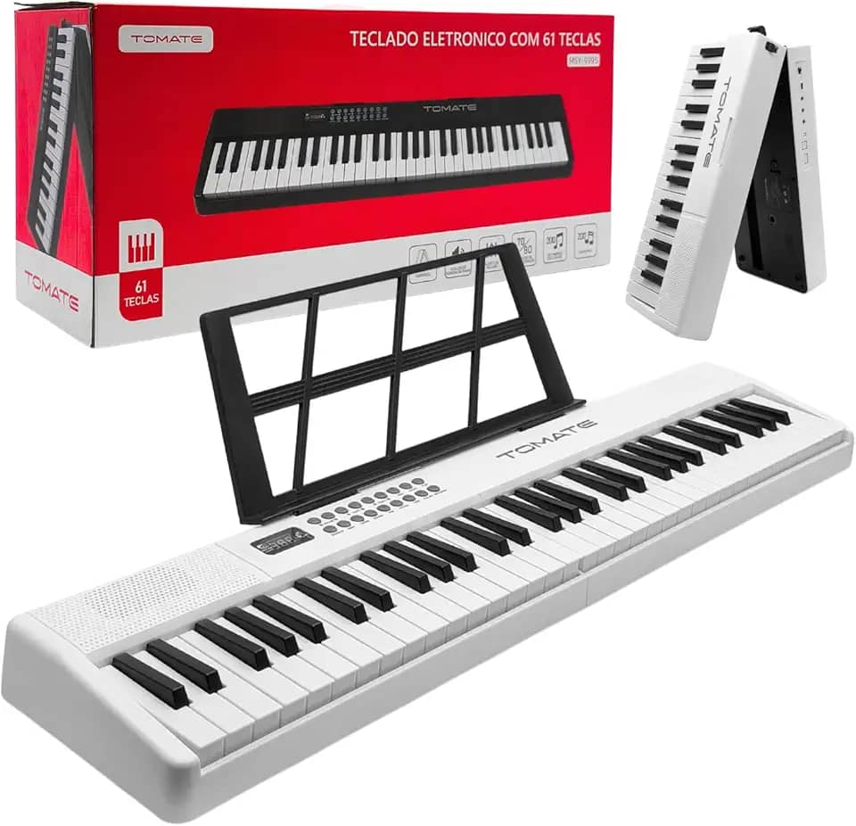 Teclado Musical Eletrônico Portátil 61 Teclas, 200 Timbres e Ritmos, Visor Digital LED com Suporte para Partituras e Microfone Incluso (Branco)