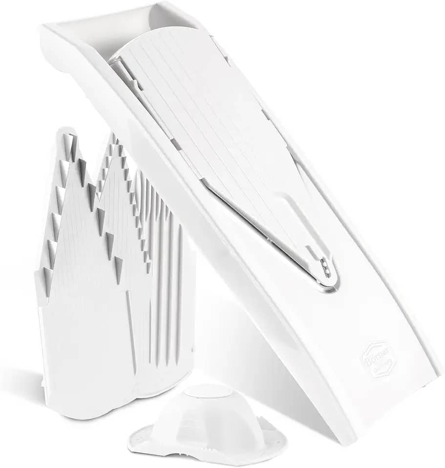 Börner Reston Lloyd Mandoline Slicer V1 (conjunto iniciante) • Cortador em V com 5 configurações de espessura e suporte de alimentos • Fatiador de cozinha ajustável para legumes e frutas • Cor: Branco