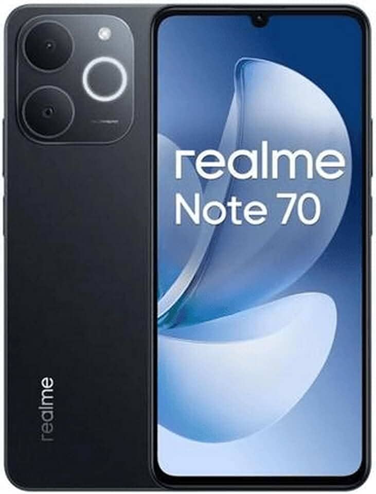 Smartphone Realme Note 70 RMX5313 8GB de RAM / 256GB. Bateria de 6300mAh e tela de 6,74" 90Hz HD+, IP54 com Resistência Militar a impactos. Cor Obsidian Black (Preto). Global Anatel