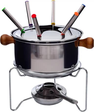 Aparelho de Fondue Berna 10 Peças em Aço Carbono com Alças de Madeira, Espetos, Base Acendedora, Tampa e Suporte - Ideal para Queijos, Chocolates e Carnes - Wincy - CZD10003