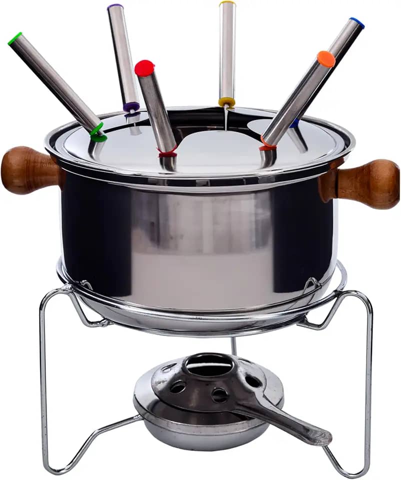 Aparelho de Fondue Berna 10 Peças em Aço Carbono com Alças de Madeira, Espetos, Base Acendedora, Tampa e Suporte - Ideal para Queijos, Chocolates e Carnes - Wincy - CZD10003