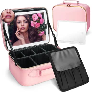 YDHZ Bolsa de maquiagem com espelho de LED, organizadora de viagem, 3 cores de luz ajustável, cosméticos, bolsa de armazenamento, rosa