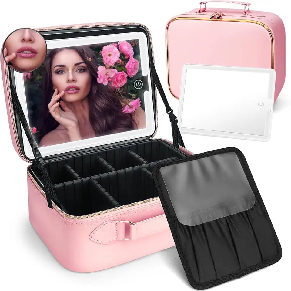 YDHZ Bolsa de maquiagem com espelho de LED, organizadora de viagem, 3 cores de luz ajustável, cosméticos, bolsa de armazenamento, rosa
