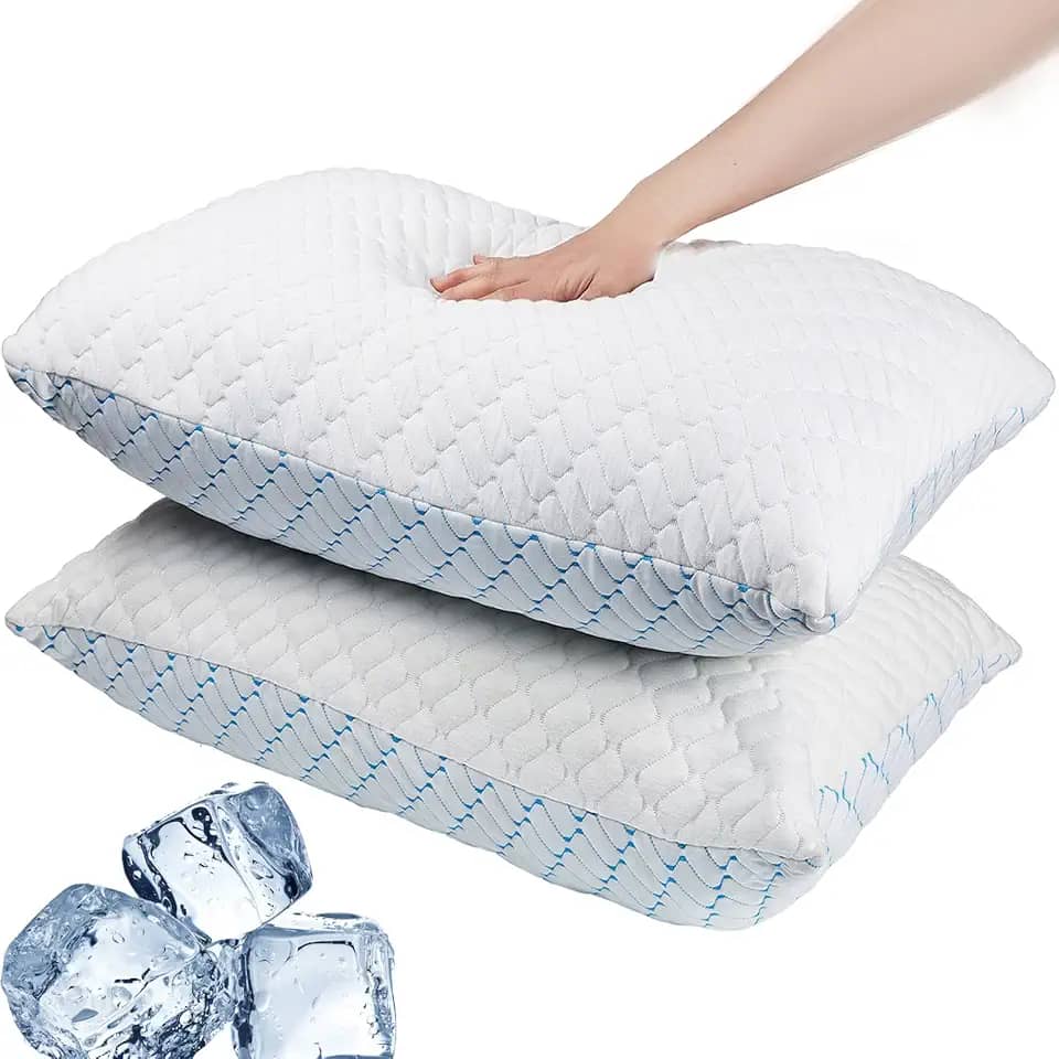Travesseiros de espuma viscoelástica tamanho Queen Size Conjunto de 2, travesseiro refrescante ajustável para pessoas que dormem de barriga nas costas com capa de bambu removível lavável