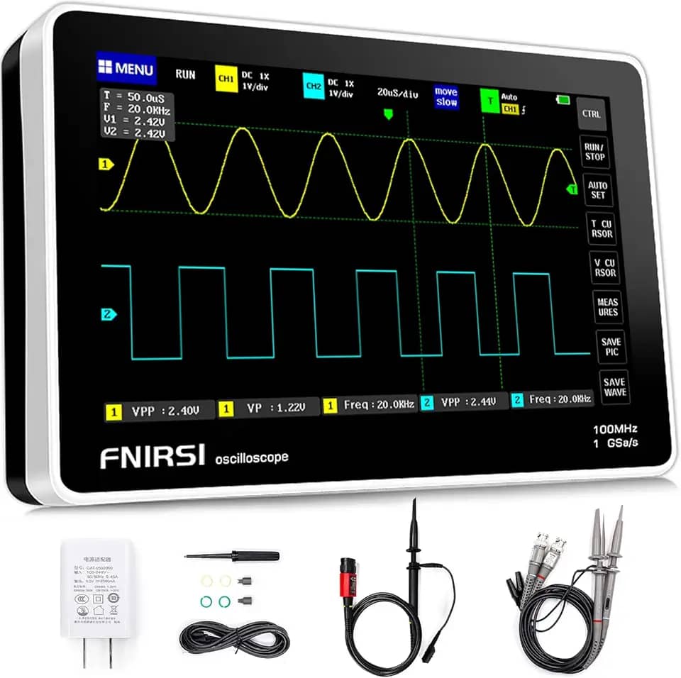 FNIRSI Osciloscópio 1013D Plus - Osciloscópio Portátil para Tablet com Sonda de Alta Tensão 100X, 2 Canais Largura de Banda de 100 Mhz Taxa de Amostragem de 1Gsa / S Tela de Toque Lcd Tft de 7 '