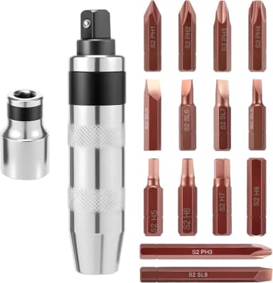 Chave de impacto manual, brocas de aço sortidas em estojo de armazenamento, chave de fenda de impacto manual para afrouxar parafusos enferrujados para perfuração de cimento de madeira e metal e