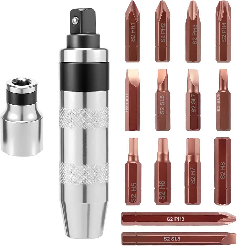 Chave de impacto manual, brocas de aço sortidas em estojo de armazenamento, chave de fenda de impacto manual para afrouxar parafusos enferrujados para perfuração de cimento de madeira e metal e