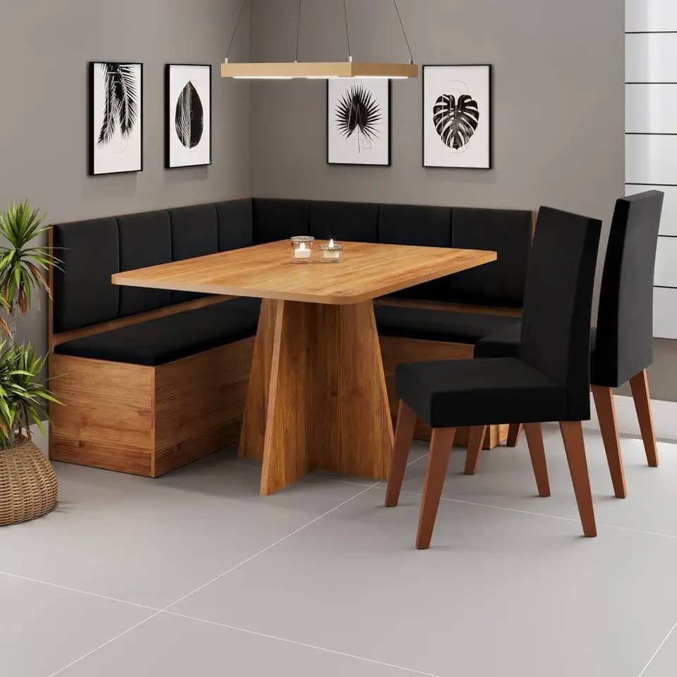 Conjunto Canto Alemão com Baú Mesa 120x77,5cm Tampo sem Vidro com 2 Cadeiras Milão Mel/Preto