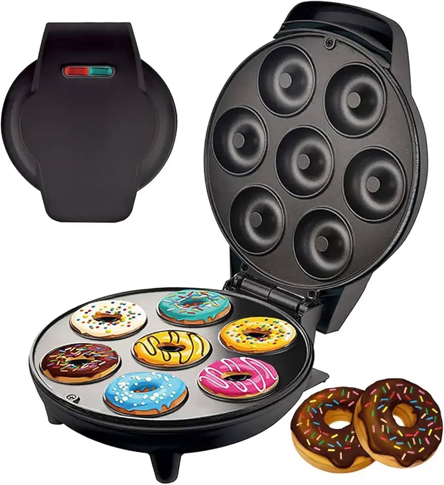 Máquina De Mini Donuts 7 Rosquinha Antiaderente 1200W Confeitaria Profissional Branco Café da Manhã Lanche da Tarde PRETO