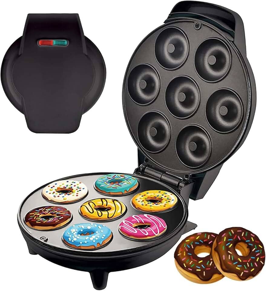 Máquina De Mini Donuts 7 Rosquinha Antiaderente 1200W Confeitaria Profissional Branco Café da Manhã Lanche da Tarde PRETO