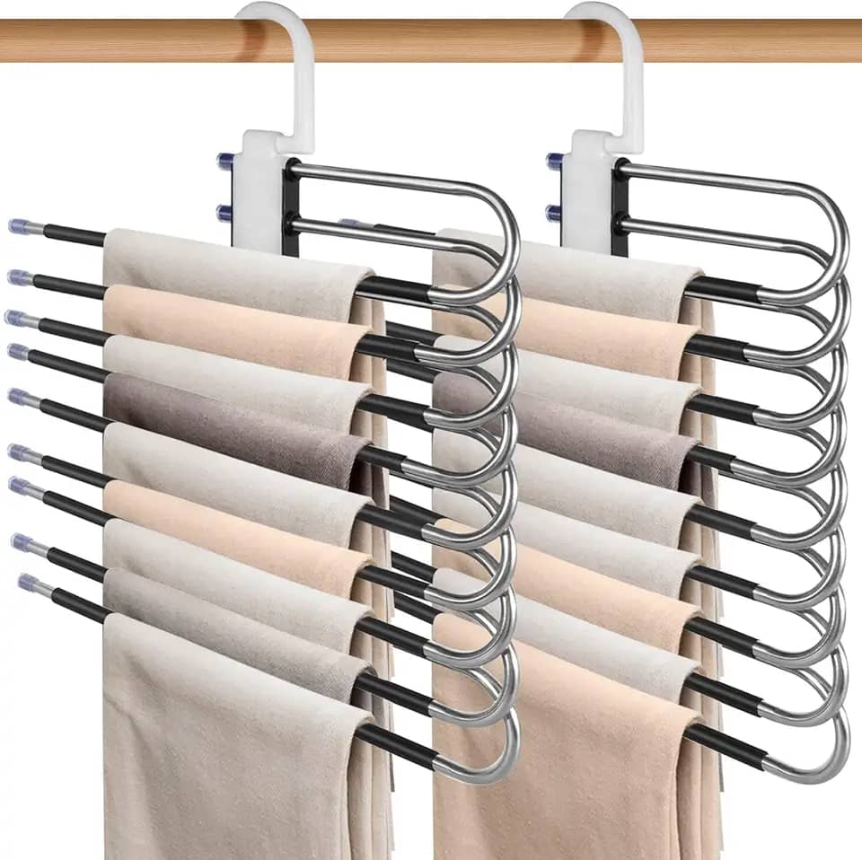 FBXGT 2 Peças Cabides para Roupas Multifuncional de Aço Inoxidável 9 Camadas Gancho de Roupas e Calças Antiderrapante Dobrável Cabide Economizador de Espaço Saia e Calças Rack de Armazenamento