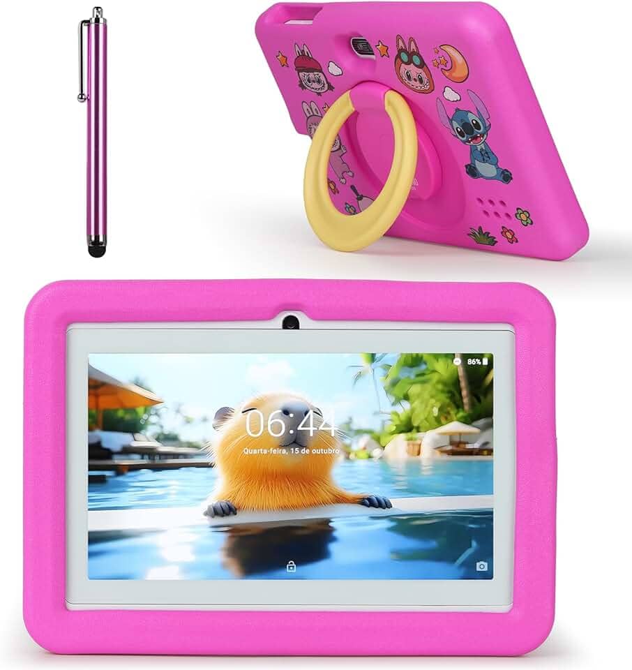 Tablet Infantil Com 4+128GB, Gravação Com Duas Câmaras, Suporte Ajustável, Multifuncional Para Soletrar/Contar/Desenhar (Rosa)