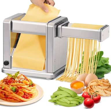 Maxceysen Máquina elétrica de macarrão de aço inoxidável com rolo e cortador ajustável de 7 espessuras e 2 larguras para espaguete, fettuccini, lasanha, massa de torta, bolinho de massa, wonton