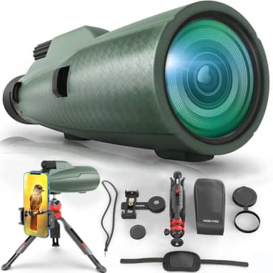 Telescópio monocular 12 x 50 para ambientes externos com adaptador de smartphone para observação de estrelas, observação de pássaros, caça, à prova de poeira, monóculo HD impermeável para adultos com suporte de telefone e tripé de metal hd360pro