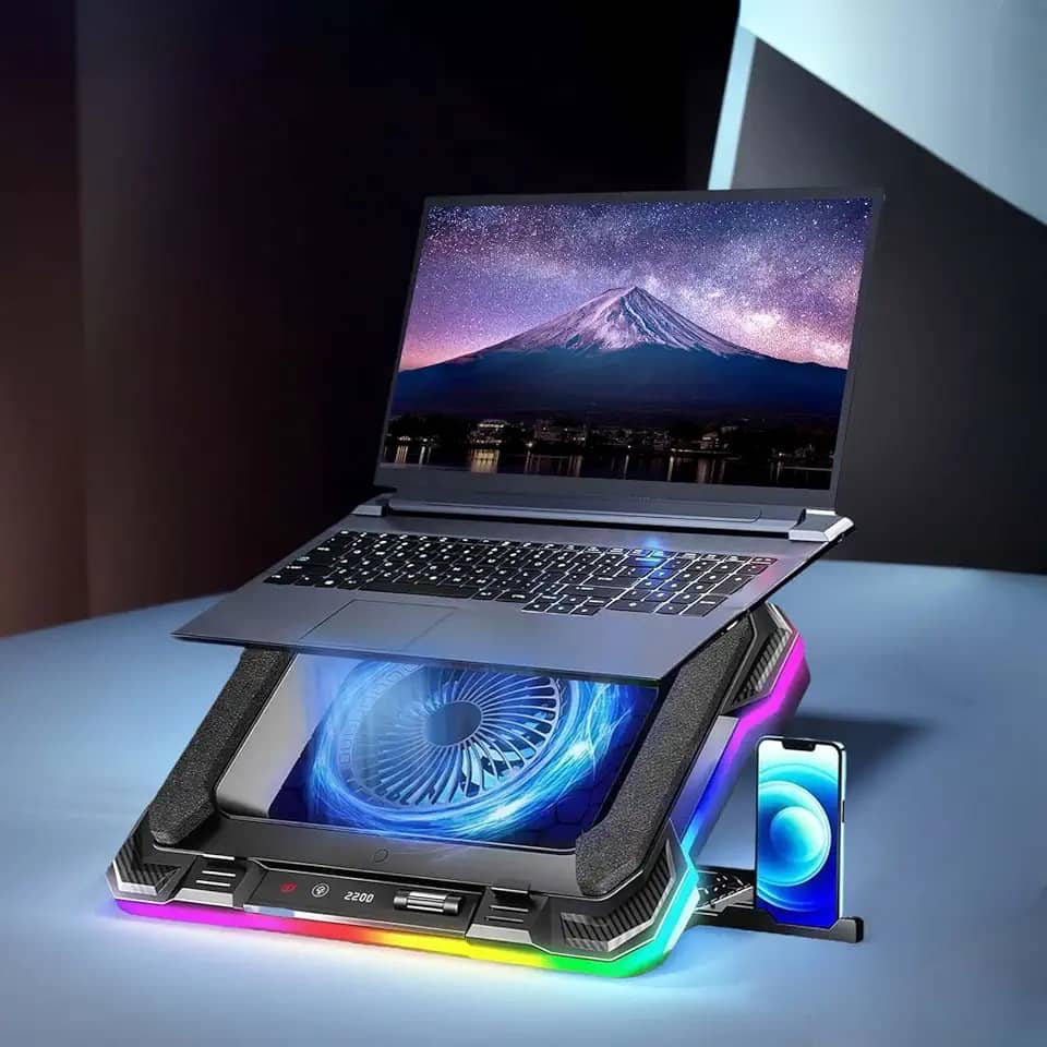 Cooler Notebook – Suporte para Notebook Turbo 2200RPM, Base Refrigerada Ventilada para 14-19', RGB Gamer, 7 Ângulos Ajustáveis, Controle Touch – Suporte Notebook Cooler com Display LED e Hub USB