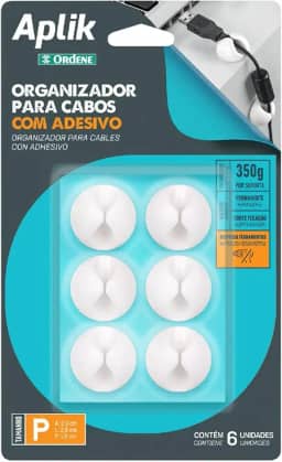 Ordene - Conjunto Organizador Adesivo Emborrachado para Cabos, 6 Unidades, Cor Branca, Linha Aplik