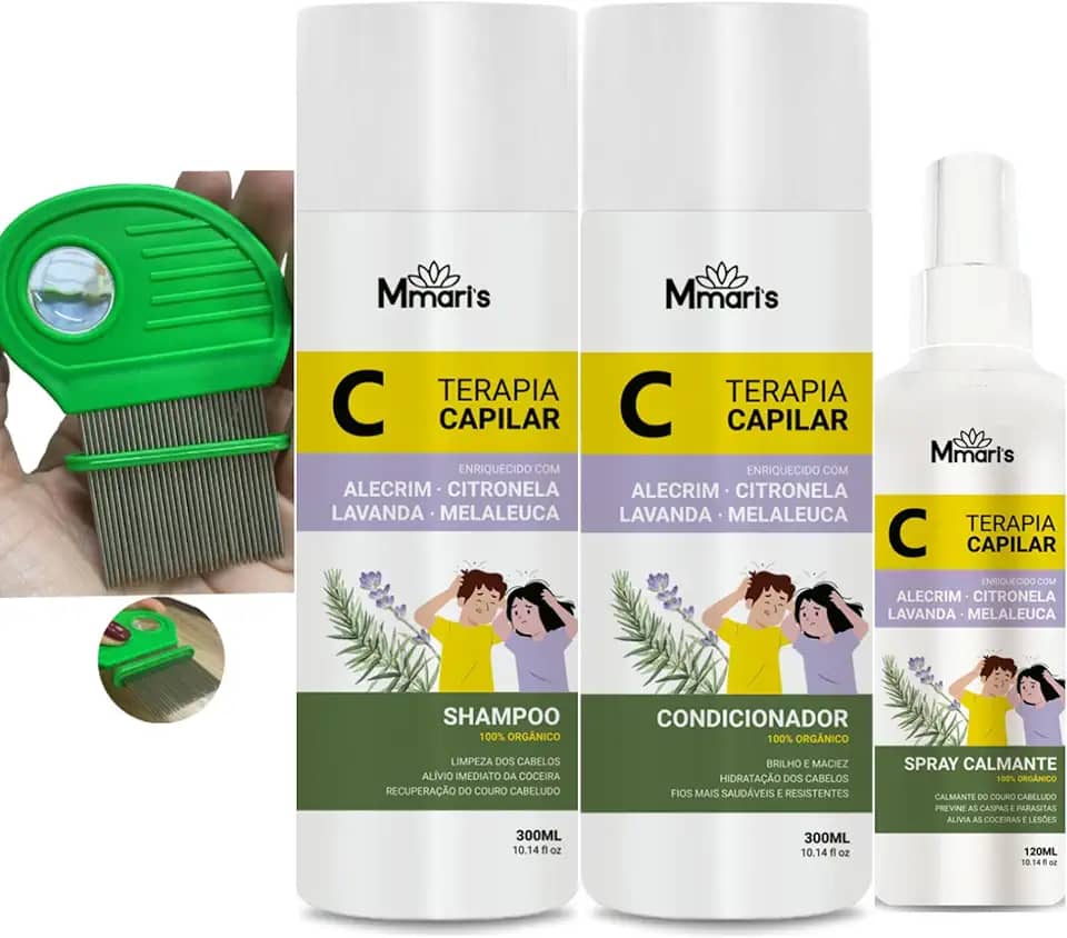 Kit M Mari's Terapia Capilar Combate Piolhos e Lêndeas Pente Fino de Ferro Aço Inox Shampoo Condicionador Spray Creme de Pentear Sem Enxague Pente Piolhos Cor Verde