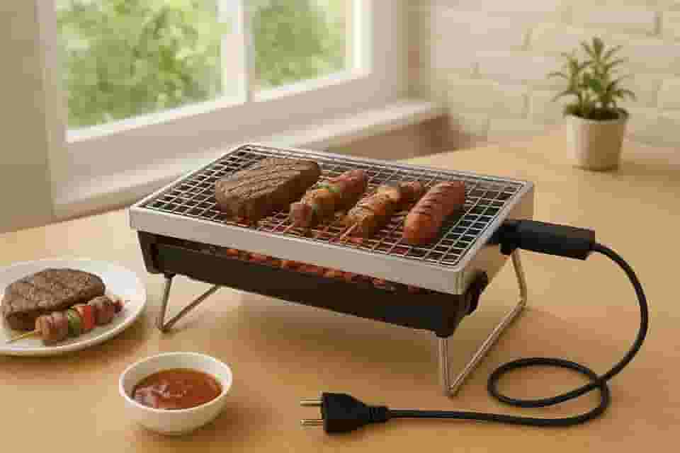 Churrasqueira Elétrica 110v Portátil de Mesa 1600W Sem Fumaça com Grelha Removível e Bandeja Coletora – Ideal para Apartamentos, Áreas Internas, Carnes, Legumes e Churrasco Rápido