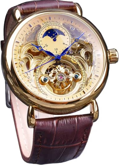 Relógio masculino de luxo com fase da lua e turbilhão, relógio de pulso mecânico oco de esqueleto retrô, cinto de couro, movimento automático, relógios masculinos