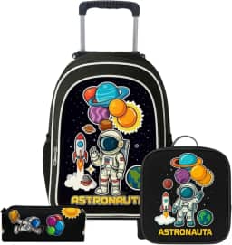 Kit Mochila de Rodinha Escolar Masculina Infantil Menino + Lancheira + Estojo Grande Astronauta 2