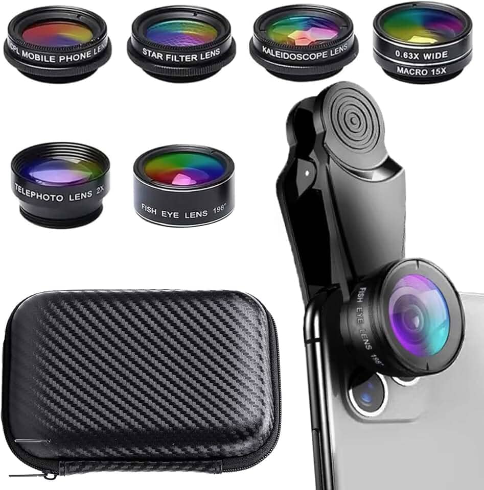 Lente de câmera de celular 7 em 1, kit de lentes para celular, clipe universal, para iPhone, para Samsung, para smartphone Android, em grande angular + macro + olho de peixe + caleidoscópio + filtro