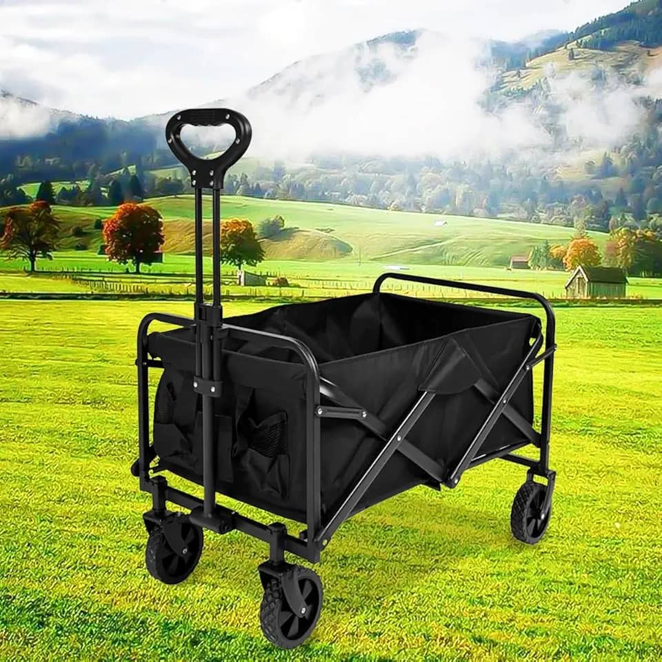 Carrinho de carga com grande capacidade. Vagão dobrável para serviço pesado portátil, com rodas (Preto)