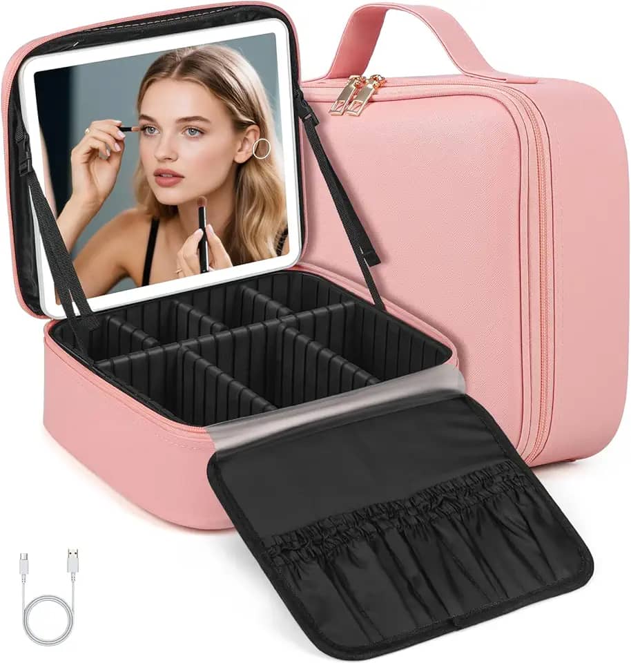 Gavzrt 26 * 23 * 10 cm Bolsa de Maquiagem com Espelho e Luz LED de 3 Cores, Maleta Organizadora Makeup Case Portátil, Bolsa de Maquiagem Grande de Viagem, Organizador de Maquillaje, Carregamento USB