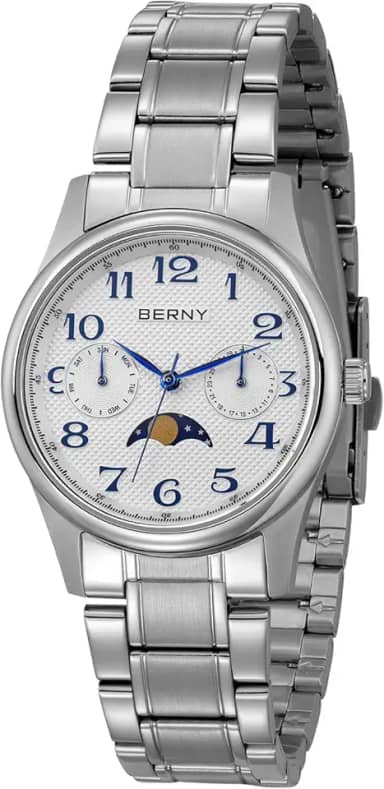 Relógio feminino prateado com fases da lua, relógio de pulso de quartzo, fácil leitura, numerais arábicos, mostrador multifuncional, analógico, caixa de aço inoxidável, subdail com calendário de