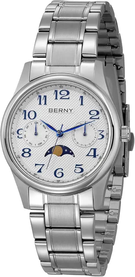 Relógio feminino prateado com fases da lua, relógio de pulso de quartzo, fácil leitura, numerais arábicos, mostrador multifuncional, analógico, caixa de aço inoxidável, subdail com calendário de