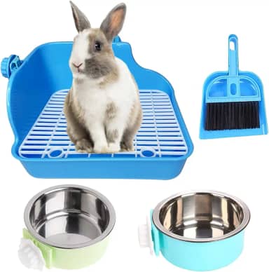 kathson Caixa de areia de coelho, bandeja de areia de canto de coelho, vaso sanitário para animais de estimação, caixa de cama com gaiola suspensa destacável para animais de estimação coelho coelho