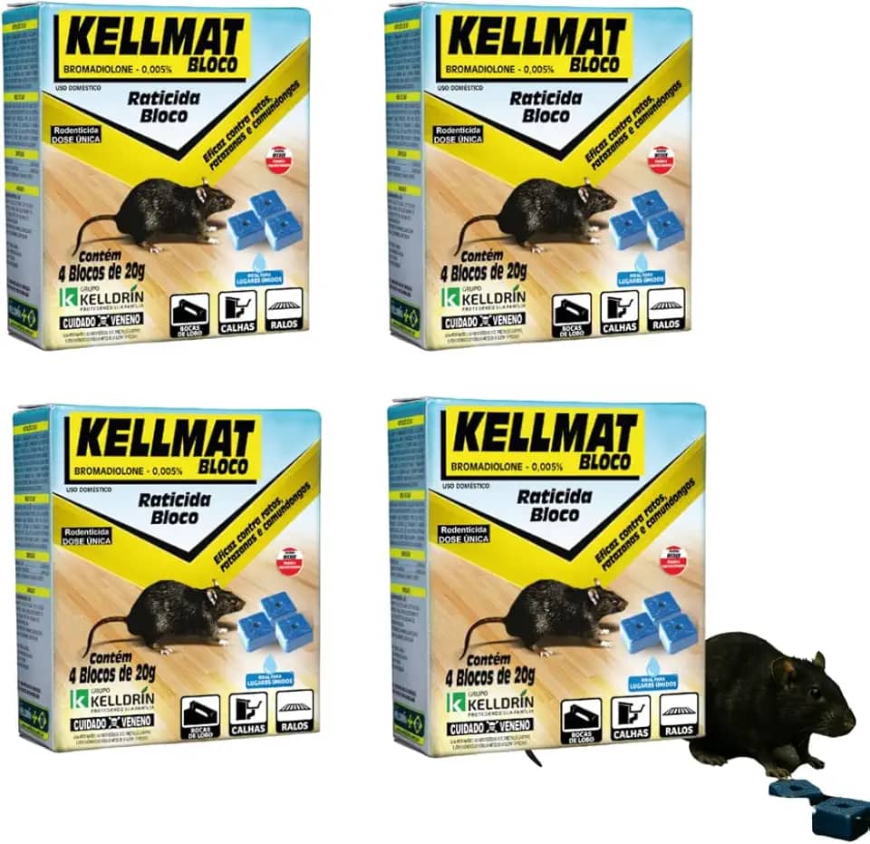 Kit 4 Und Kellmat Bloco Controle de Ratos Ratazanas e Camundongos (16 Blocos de 20g)