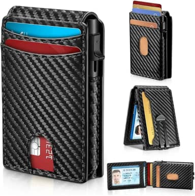 Carteira Slim Masculina Bloqueio RFID – Alumínio e Fibra de Carbono, Porta Cartões Minimalista, Compacta, Anti Clonagem, com Clipe de Dinheiro – Até 15 Cartões (Porta cartões-Mágico)