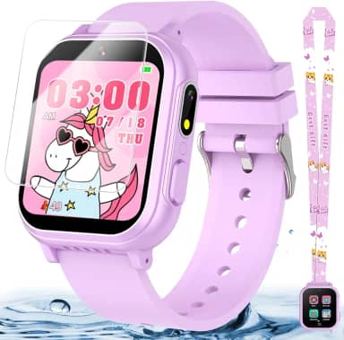 Relógio infantil à prova d'água, presente para meninas de 5 a 12 anos, 32 jogos, tela sensível ao toque HD, relógio infantil com câmera dupla, reprodutor de música, pedômetro, lanterna, 12/24 horas