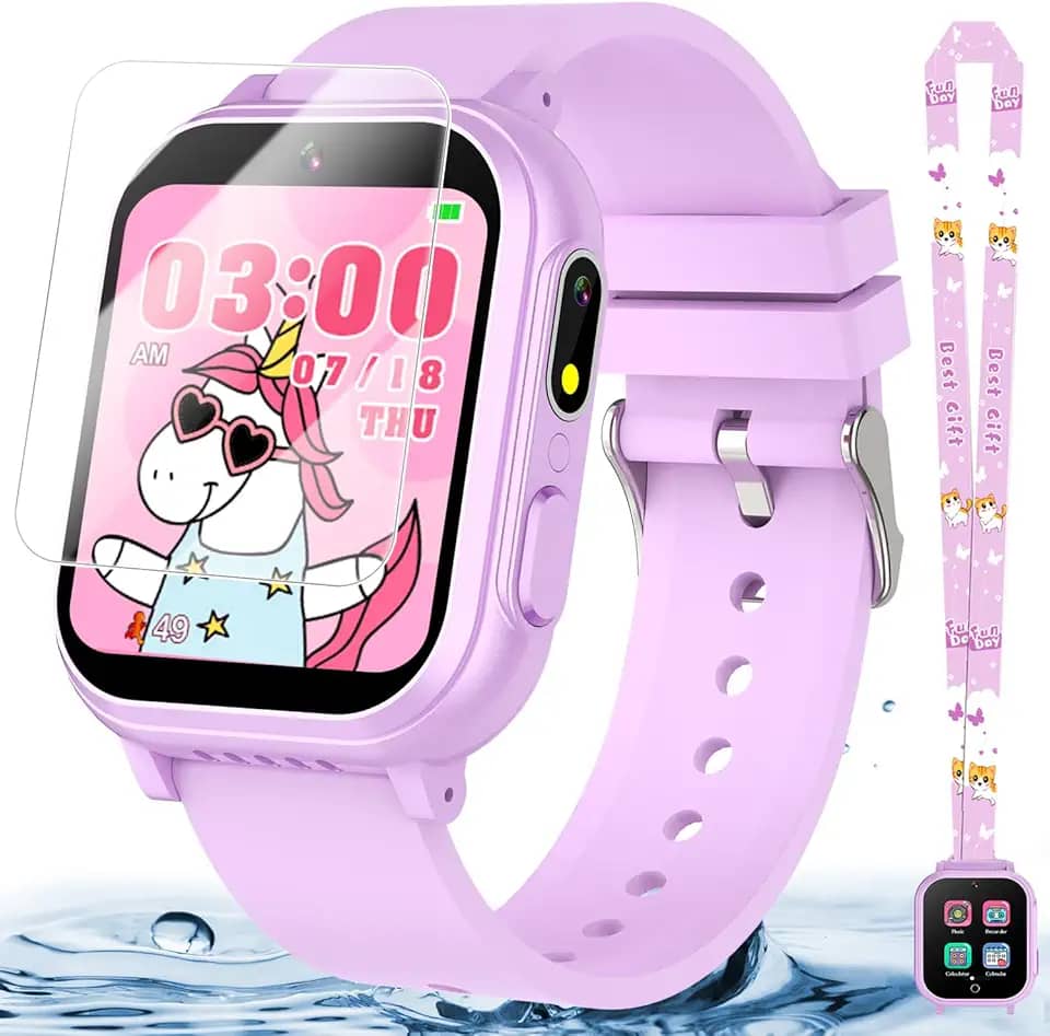 Relógio infantil à prova d'água, presente para meninas de 5 a 12 anos, 32 jogos, tela sensível ao toque HD, relógio infantil com câmera dupla, reprodutor de música, pedômetro, lanterna, 12/24 horas