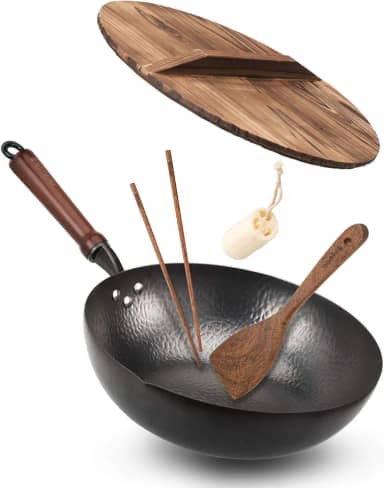 BIELMEIER Frigideira Wok de 32 cm, frigideiras e frigideiras com tampa, wok de aço carbono com acessórios de panela, fundo plano para todos os fogões