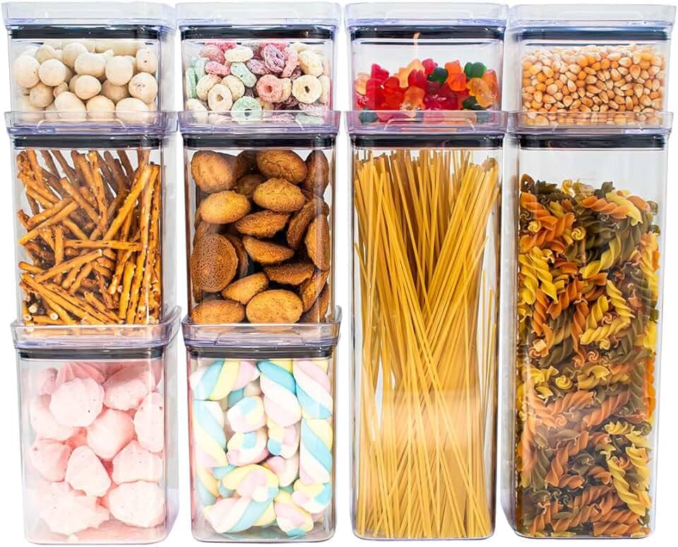 Kit 10 Potes Herméticos Acrílico Quadrado Empilháveis, Tampa de Vedação Silicone, Porta Alimentos e Mantimentos, Armário Cozinha Despensa
