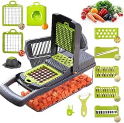Alrens Cortador e Ralador de Legumes 11 em 1 - Fatiador de Mandolina Com Recipiente Cinza para Batata, Cebola e Vegetais